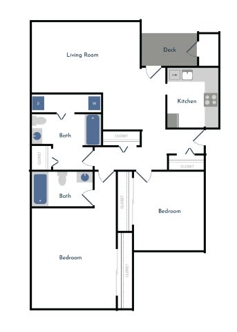 A floor plan of a house with a living room, kitchen, two bathrooms, a deck, and two bedrooms.