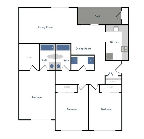 A floor plan of a house with a deck, living room, dining room, kitchen, and four bedrooms.