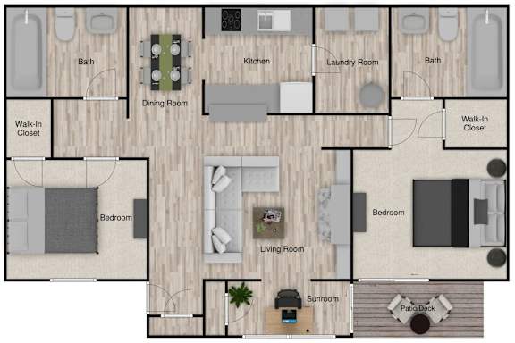 A floor plan of a house with a living room, two bedrooms, a kitchen, a dining room, a bathroom, a laundry room, a walk-in closet, and a sunroom.