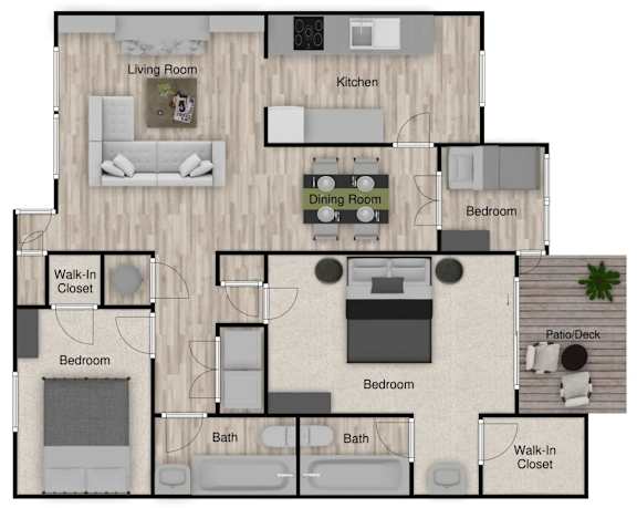 A floor plan of a house with a living room, kitchen, dining room, and multiple bedrooms.