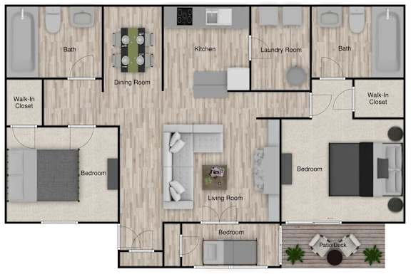 A floor plan of a house with a living room, dining room, kitchen, and multiple bedrooms.