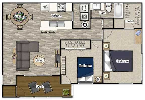 A floor plan of a house with a dining area, kitchen, living room, two bedrooms, a bathroom, and a closet.
