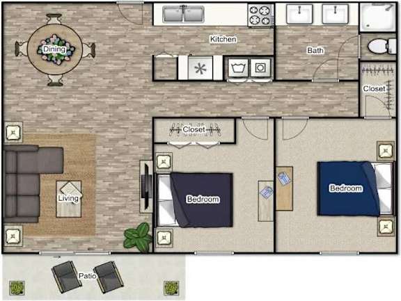 A floor plan of a house with a dining area, kitchen, bathroom, living room, two bedrooms, a closet, and a patio.