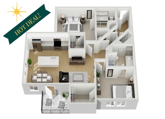 A floor plan of an apartment with a living room, kitchen, and two bedrooms.