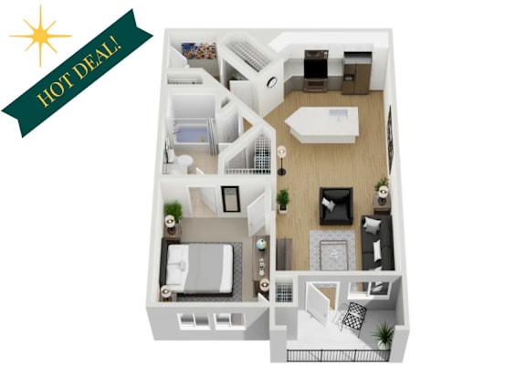 A floor plan of a small apartment with a kitchen, living room, and bathroom.