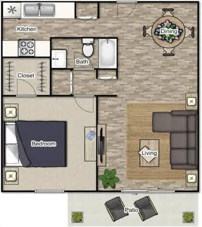 A floor plan of a house with a kitchen, dining area, bathroom, closet, bedroom, living room, and patio.