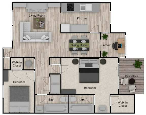 A floor plan of a house with a living room, kitchen, dining room, and multiple bedrooms and bathrooms.