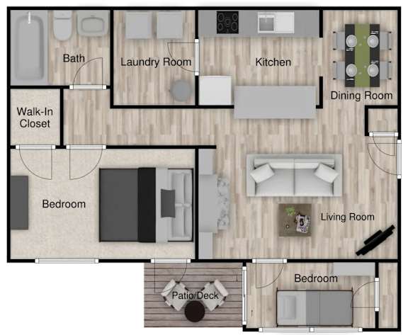A floor plan of a house with a living room, dining room, kitchen, and bedrooms.