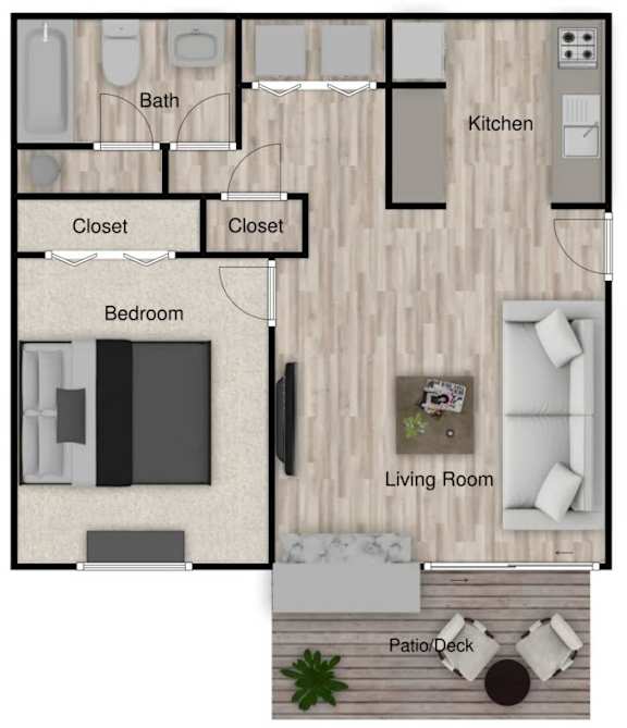 A floor plan of a house showing a living room, kitchen, two closets, a bath, a bedroom, and a patio/deck.