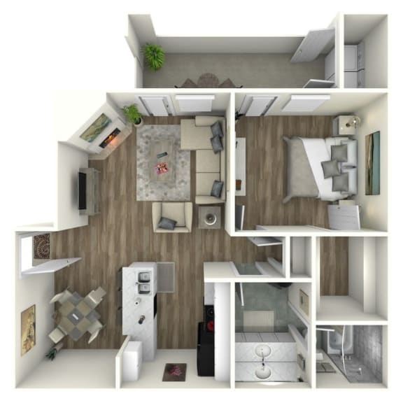 A 3D rendered image of a 1 bedroom apartment at Apex in San Antonio Texas
