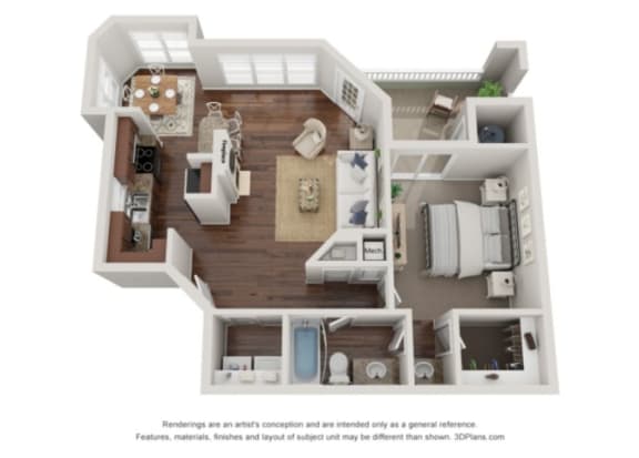 A 3D floor plan of an apartment with a kitchen, living room, and bathroom.
