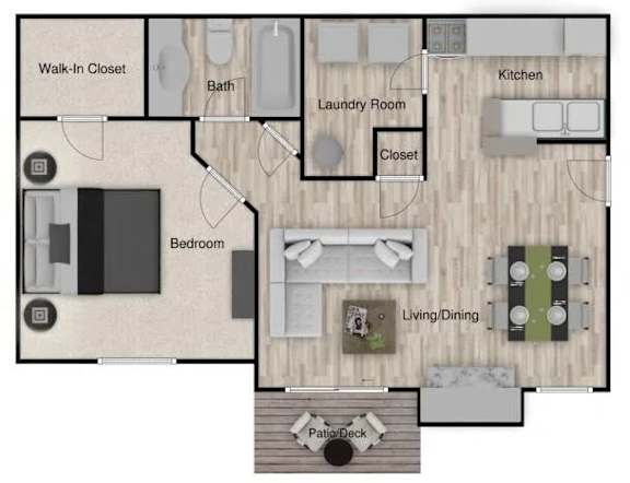A floor plan of a house with a kitchen, living room, and bathroom.