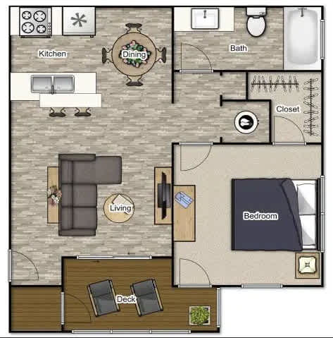 A floor plan of a house with a kitchen, dining room, living room, bedroom, and bathroom.