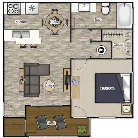 A floor plan of a house with a kitchen, dining area, living room, bedroom, bathroom, and closet.