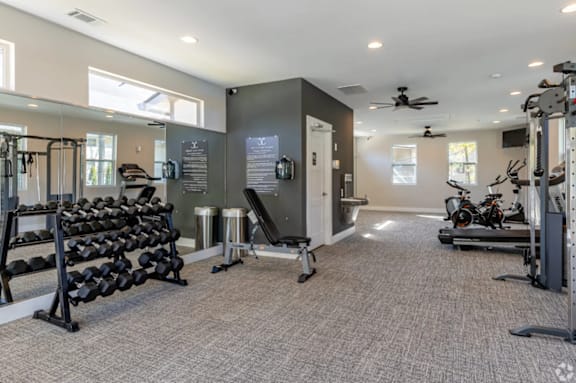 A spacious home gym with a variety of exercise equipment.