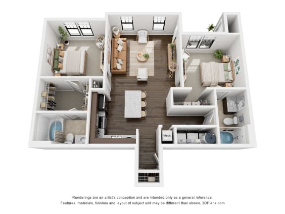 a stylized 3d floor plan with a bedroom and a living room