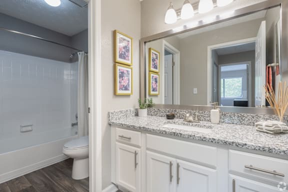 A bathroom with a toilet, sink, and mirror.