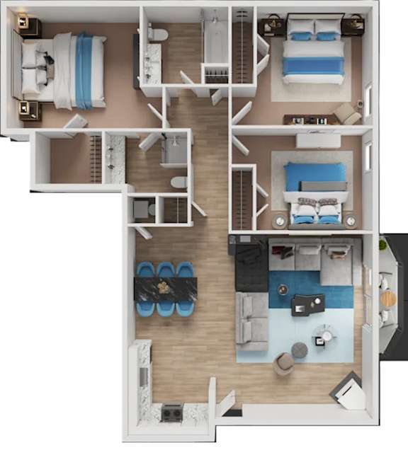 A detailed 3D floor plan of a small apartment layout.