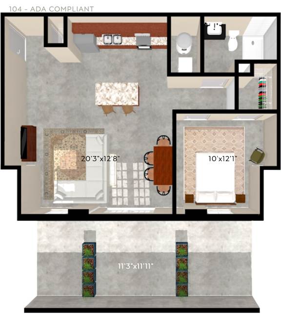 A floor plan of a 104 ADA compliant apartment.