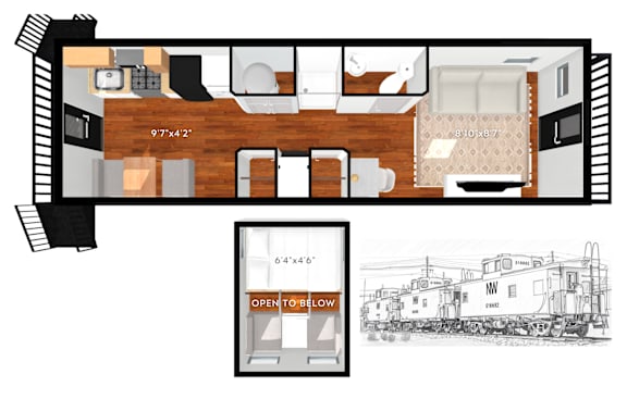 A floor plan of a train car with a living room, kitchen, and bathroom.