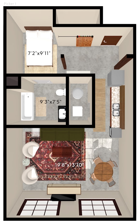 A floor plan of an apartment with a living room, kitchen, and bathroom.