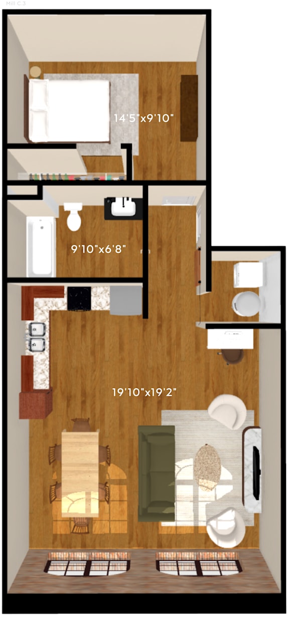 A floor plan of a small apartment with a kitchen, living room, and bathroom.