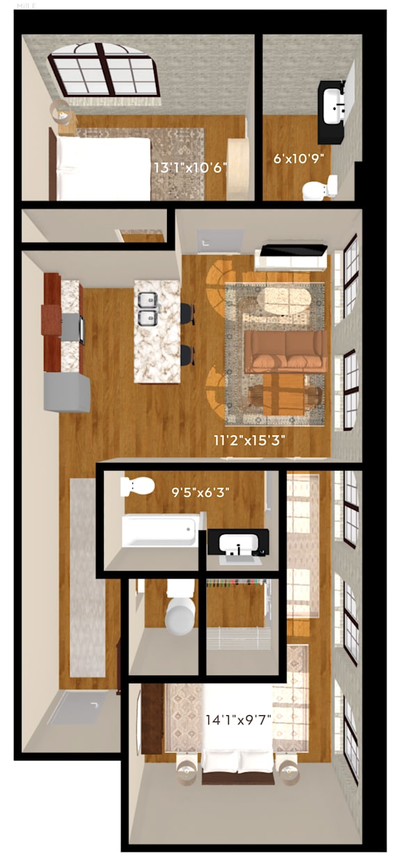 A floor plan of a two-bedroom apartment with a living room, kitchen, and bathroom.