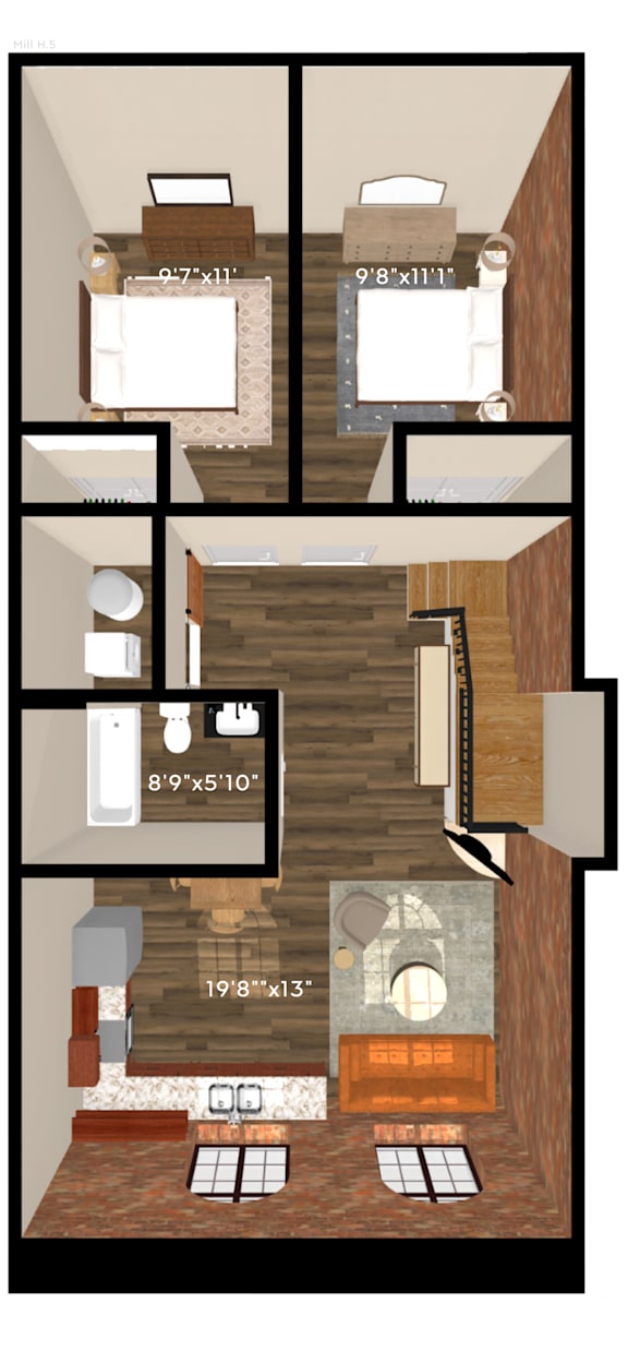 A floor plan of a house with a kitchen, living room, and two bedrooms.
