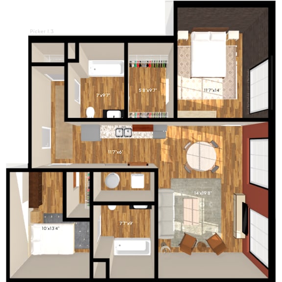 A floor plan of a Pickler 1.3 apartment layout.