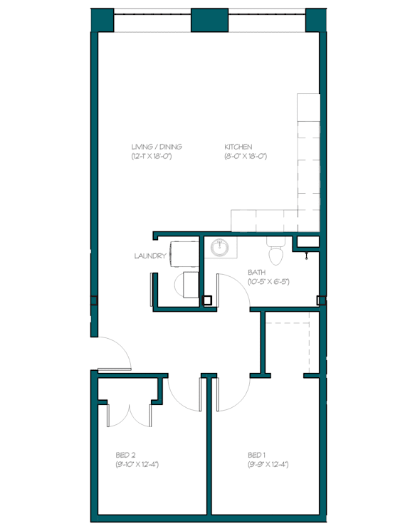 a floor plan of a unit with a bedroom and a living room and a staircase