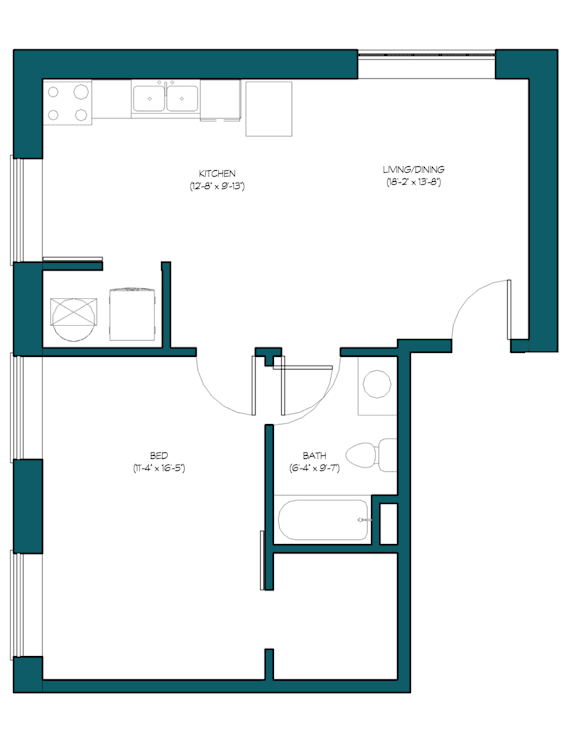 a floor plan of a small house with a bedroom and a living room