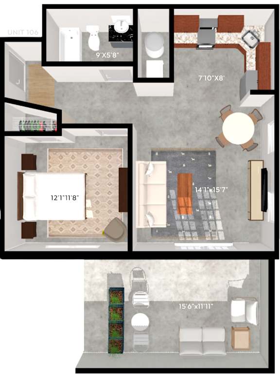 A floor plan of a unit with a kitchen, living room, and bathroom.