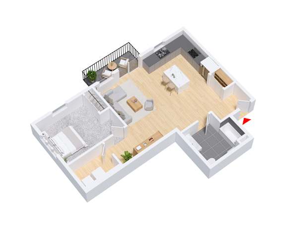 A 3D floor plan of a house with a kitchen, living room, and bathroom.