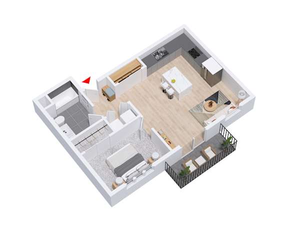 A 3D floor plan of a house with a kitchen, living room, and bathroom.