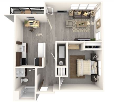 A top-down view of a small, modern apartment with a kitchen, living room, and bathroom.