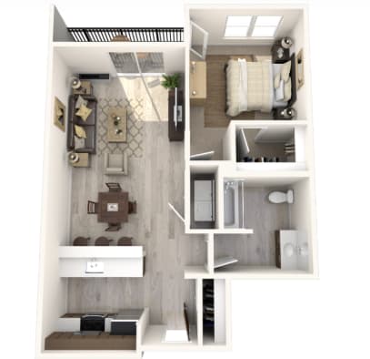 A 3D floor plan of a small apartment with a kitchen, living room, and bathroom.