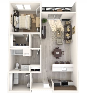 A 3D rendered image of a small apartment with a bedroom, living room, and kitchen.