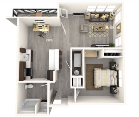 A 3D floor plan of a small apartment with a kitchen, living room, and bathroom.