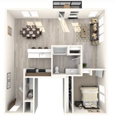 A small, neatly organized studio apartment with a kitchenette, living area, and bedroom.