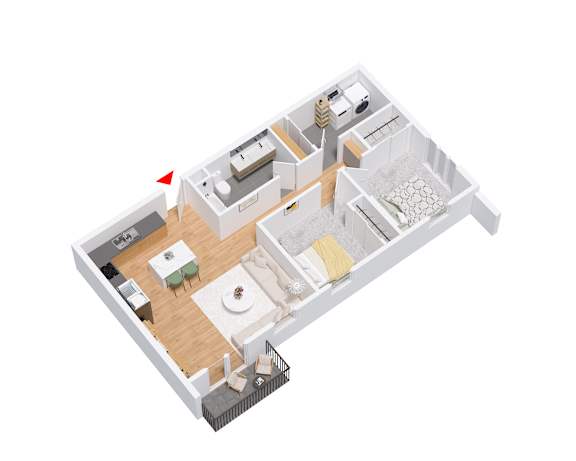 A 3D floor plan of a house with a kitchen, living room, and bathroom.