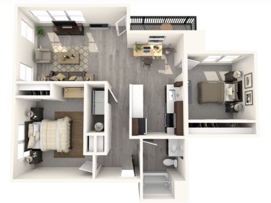 A 3D floor plan of a small apartment with a kitchen, living room, and bathroom.