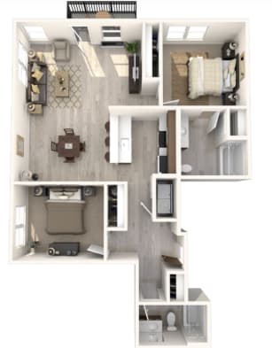 A 3D floor plan of a house showing the layout of the rooms.