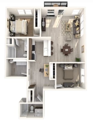 A 3D floor plan of a small apartment with a kitchen, living room, and bathroom.