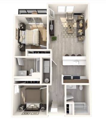 A diagram of a small apartment with a bedroom, living room, and kitchen.