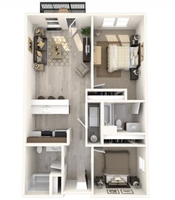 A diagram of a small apartment with a bedroom, living room, and kitchen.