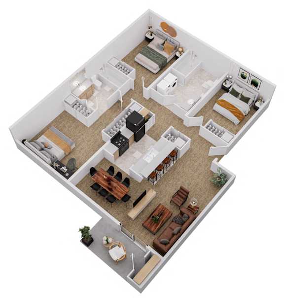 A top-down view of a living room, kitchen, and dining area.