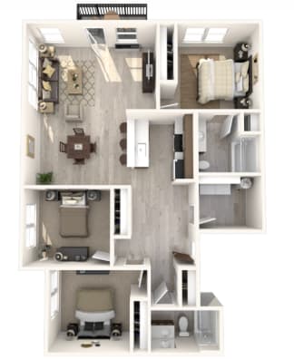 A 3D floor plan of a small apartment with a kitchen, living room, and bedroom.