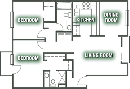 A floor plan of a house with two bedrooms, a living room, a kitchen, and a dining room.