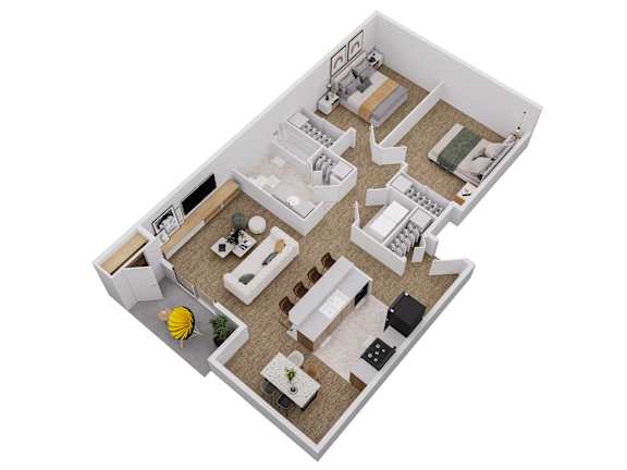 A 3D image of a house layout with a kitchen, living room, and bedrooms.
