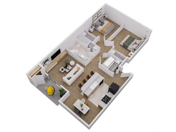 A 3D floor plan of a small apartment with a kitchen, living room, and bedroom.